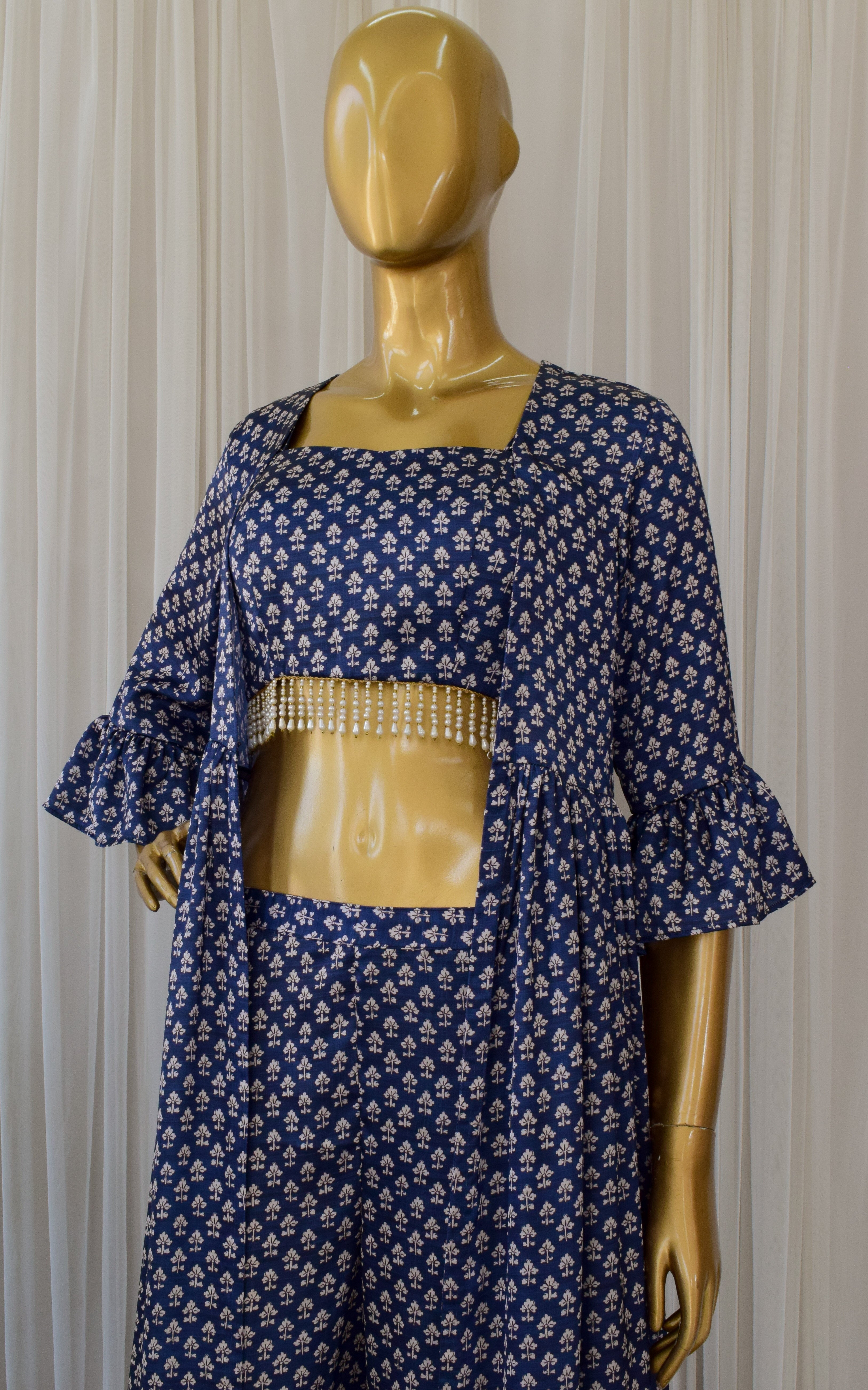 Navy Blue Booti Print Crop Top & Sharara Set